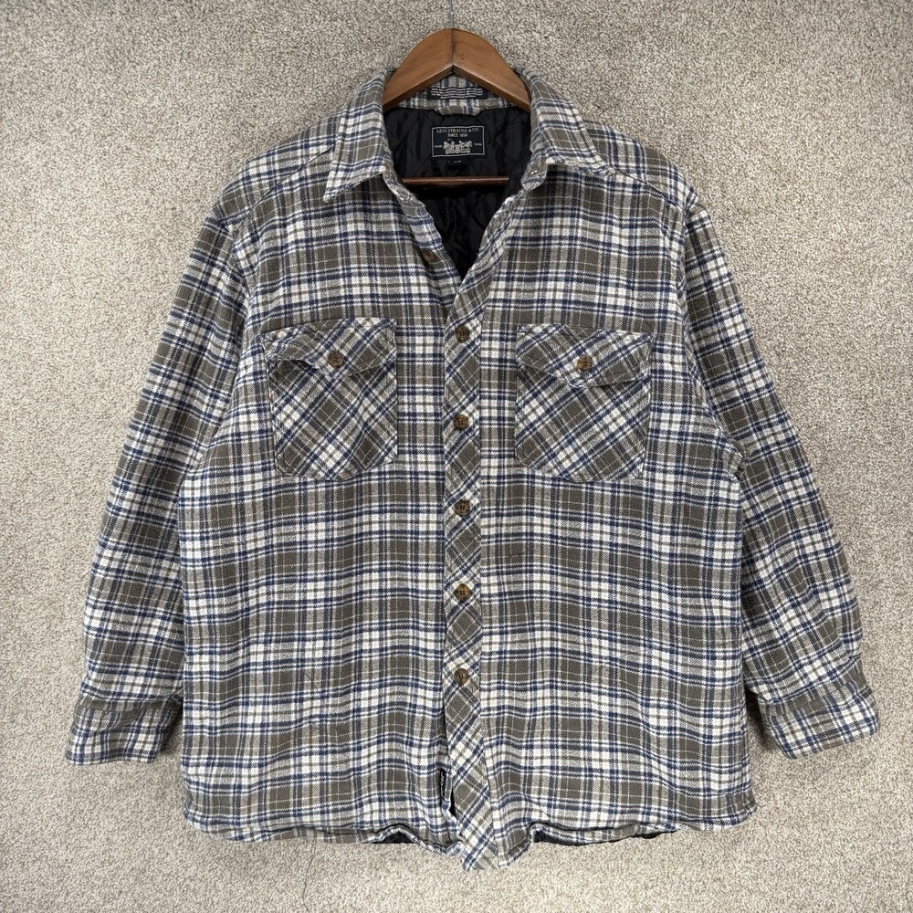 Levi's Insulated Flannel Shacket Men's Lg Grunge Green Grey Quilted Lining